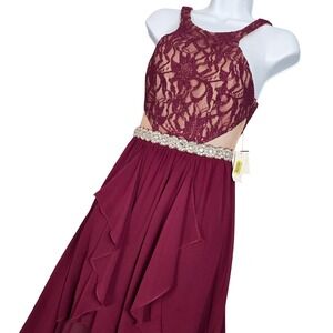 Jodi Kristopher NEW Junior 3 High Low Lace Formal Dress Burgundy Illusion Waist